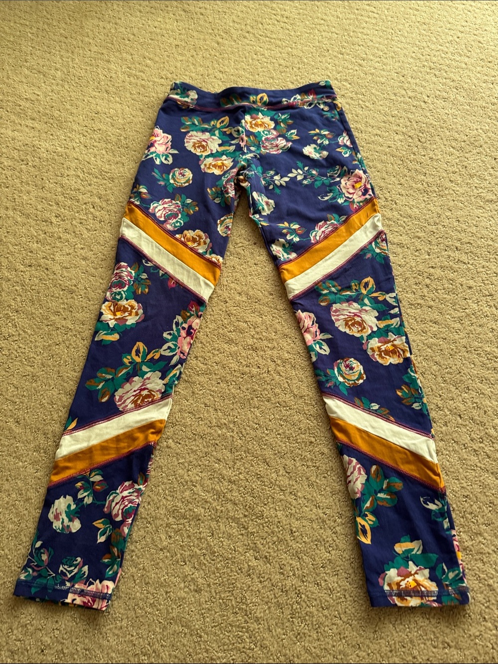 Matilda Jane 435 Navy Floral Print Leggings with Gold and Cream Stripes